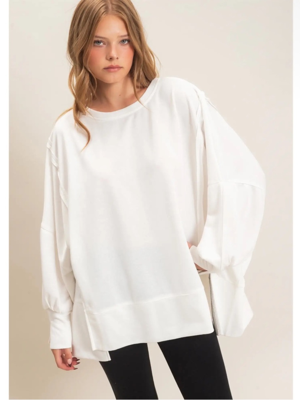 Relaxed Oversized Crew Neck Sweater in Off White